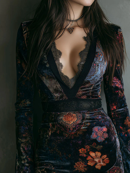 LIORA | VESTIDO MINI FLORAL DE TERCIOPELO CON ENCAJE