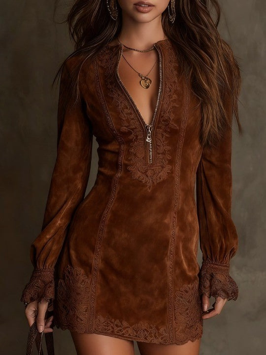 AZULENA | VESTIDO MINI VINTAGE DE ANTE CON ENCAJE