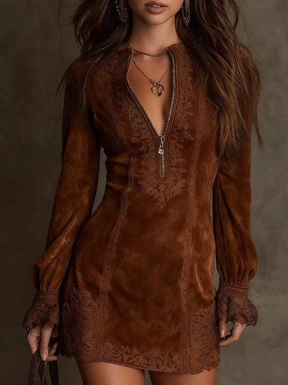 AZULENA | VESTIDO MINI VINTAGE DE ANTE CON ENCAJE