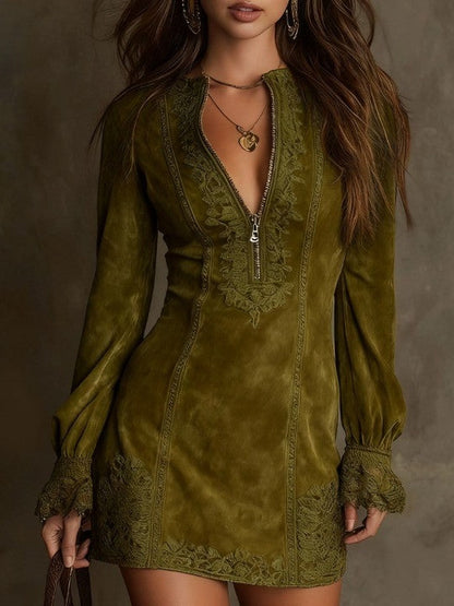 AZULENA | VESTIDO MINI VINTAGE DE ANTE CON ENCAJE